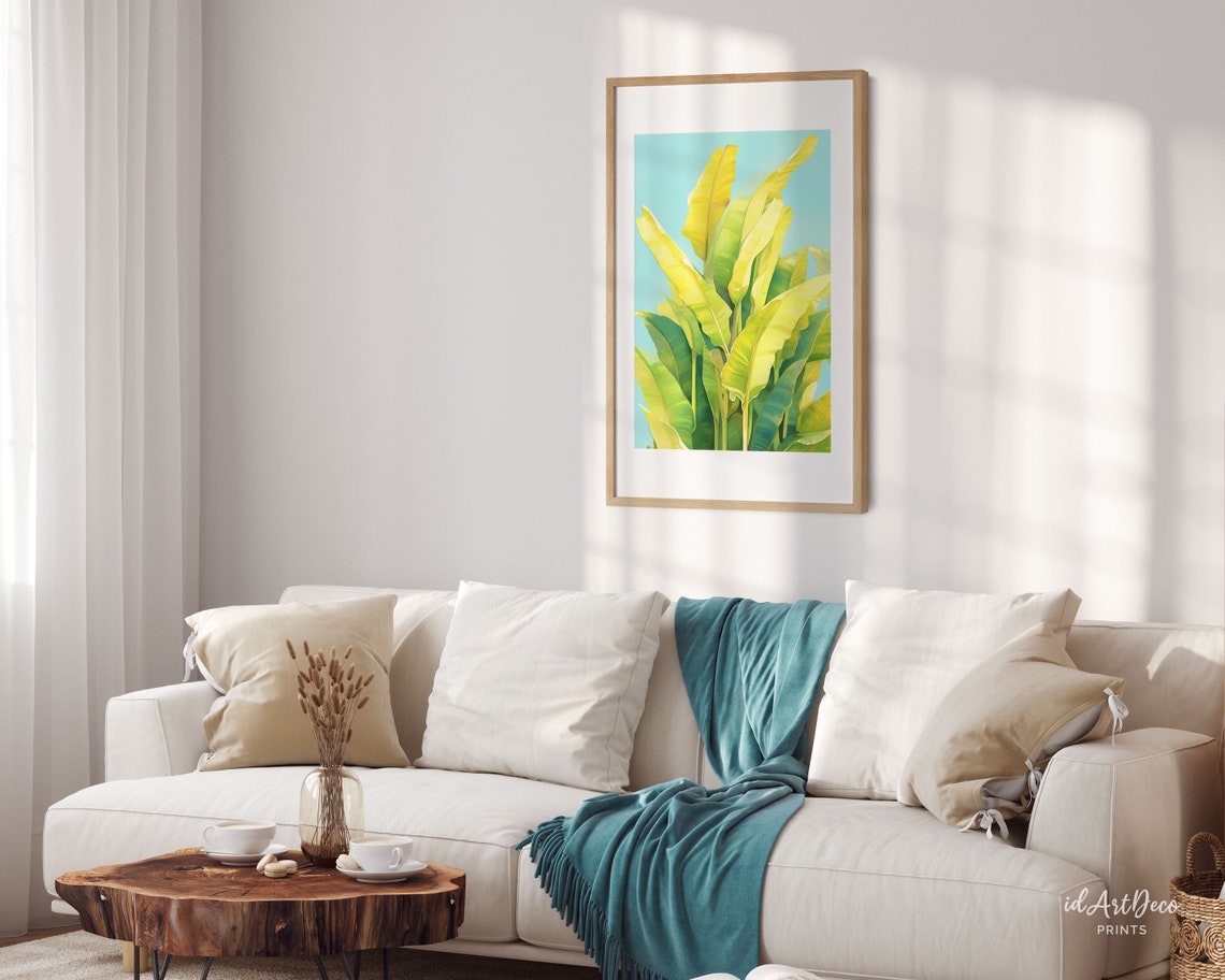 Vibrant Banana Leaf Painting Turquoise Sky Tropical Botanical Poster - Image 2