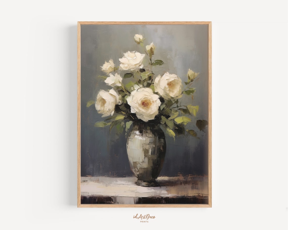 Impressionist White Roses Bouquet Vase Oil Painting Style Poster