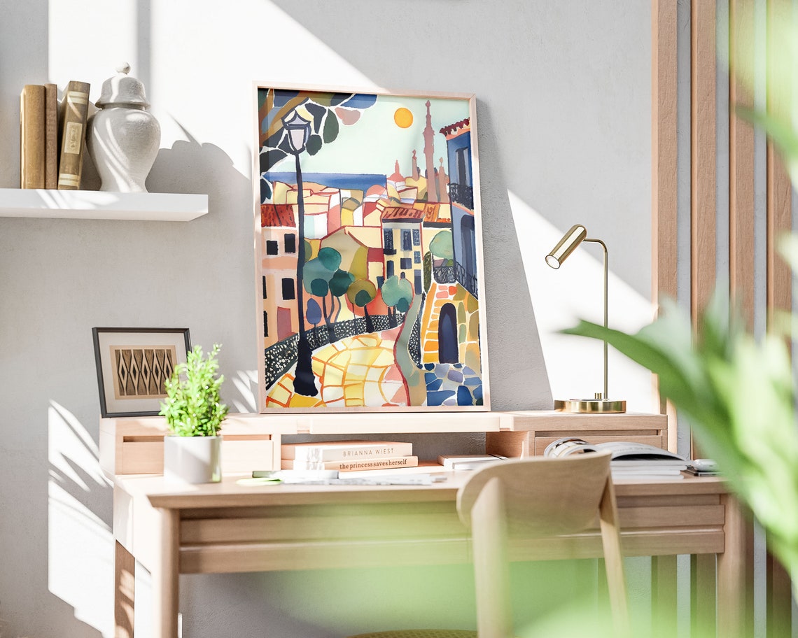 Sunny Old Town Cobbled Street Church Tower Sea Fauvist Poster - Image 2