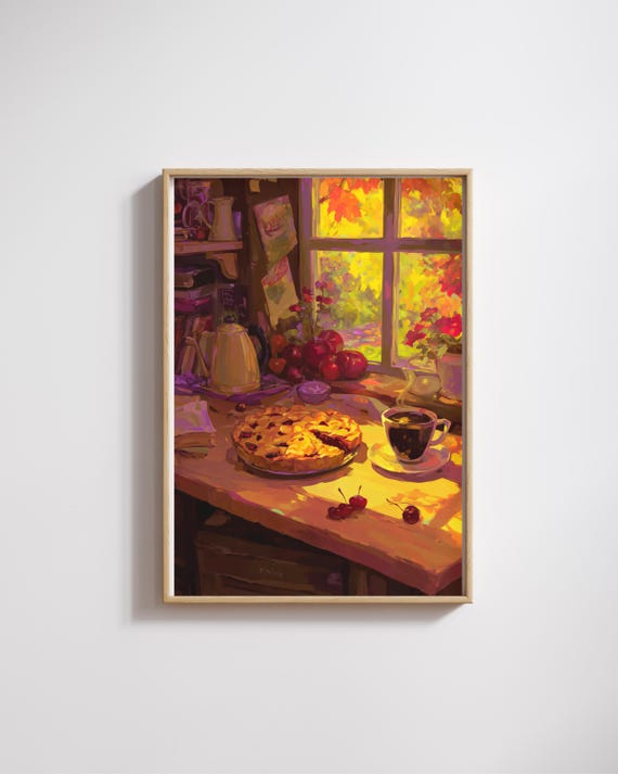 Autumn Kitchen Cherry Pie and Coffee Warm Fall Window Scene Poster