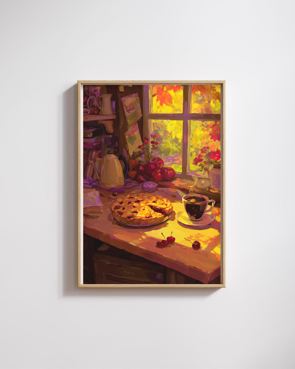 Cozy Autumn Kitchen Wall Artcherry Pie And Coffee Printcottagecore Artwork Giftcozy Illustration