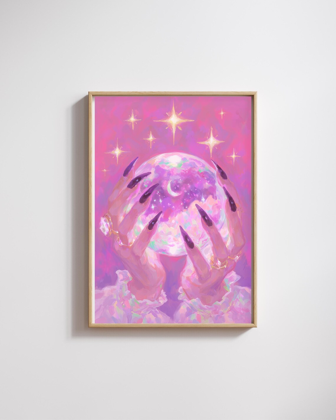 Witchy Crystal Ball Moon and Stars Pink Fantasy Art Wall Poster