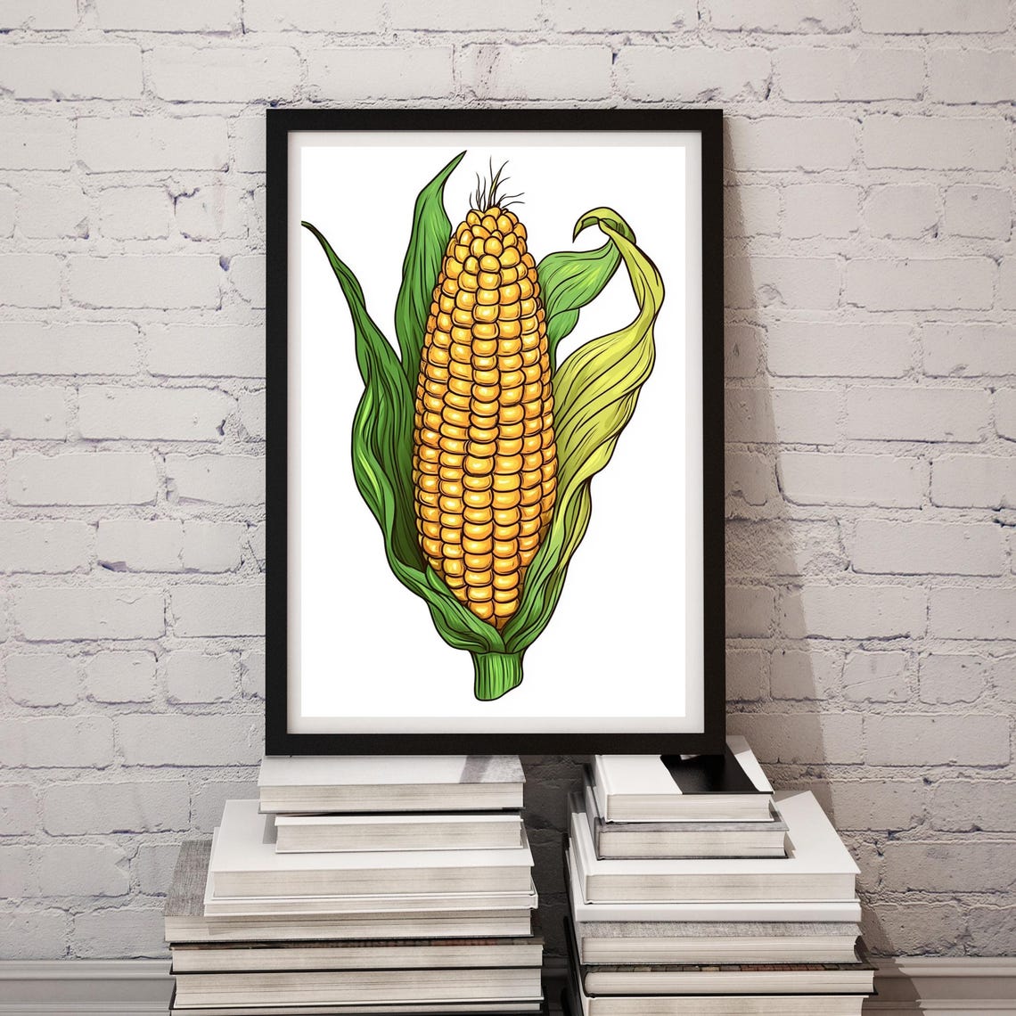 Cartoon Corn on the Cob Illustration with Green Husks Poster
