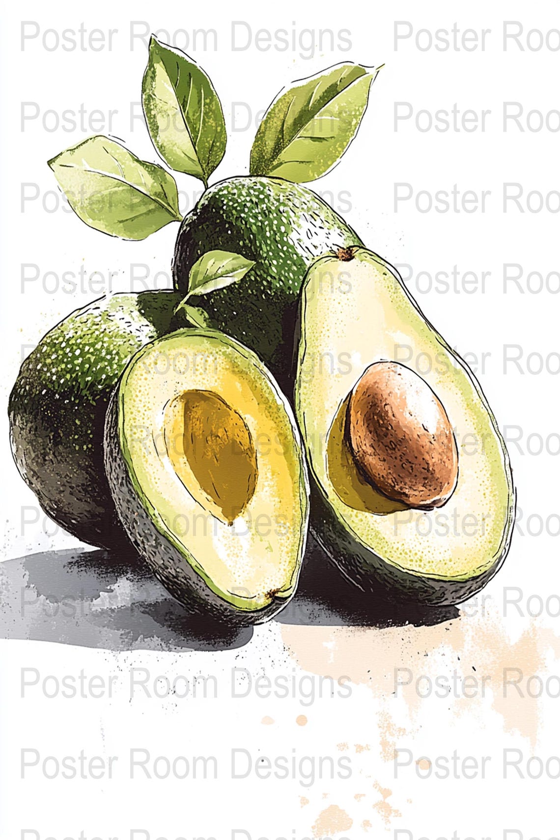 Watercolor Avocado Halves with Green Leaves Still Life Poster - Image 3
