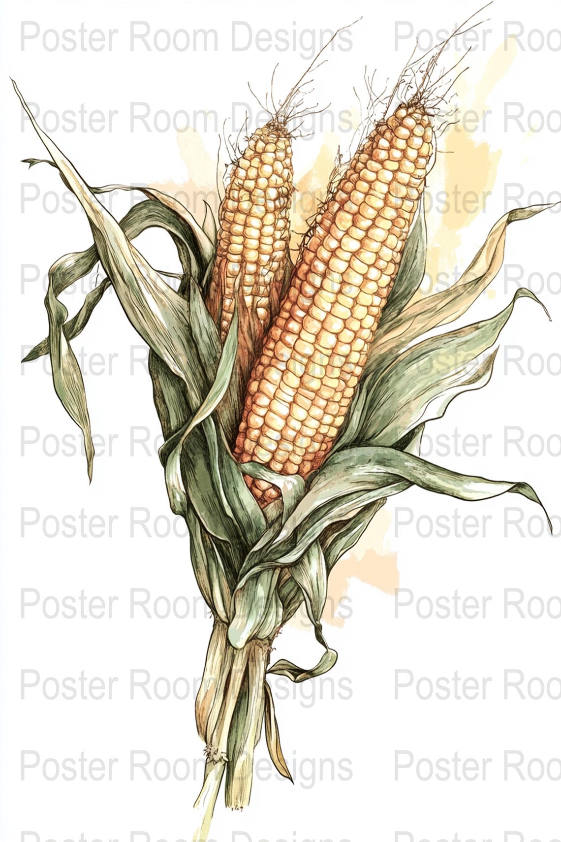 Watercolor Corn Stalk Illustration with Two Golden Ears Poster - Image 3