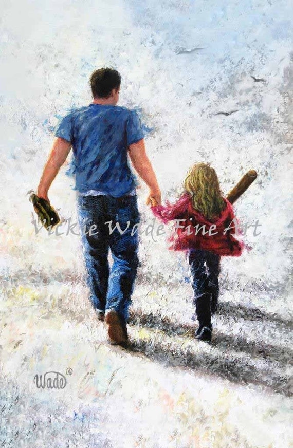 Father Daughter Baseball Art Print Dad And Daughter Walking Holding Hands Softball Painting Baseball Mitt And Glove Vickie Wade Art