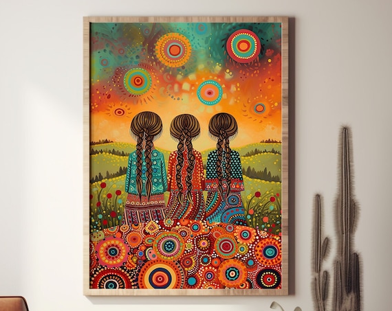 Three Sisters With Long Braids Folk Art Sunset Meadow Family Print