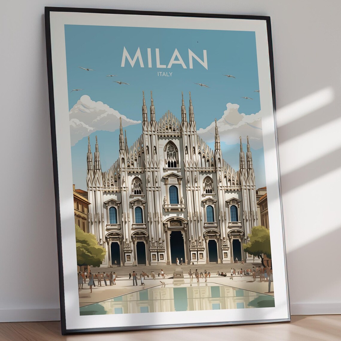 Milan Italy Duomo Cathedral Piazza Blue Sky Vintage Travel Poster - Image 2