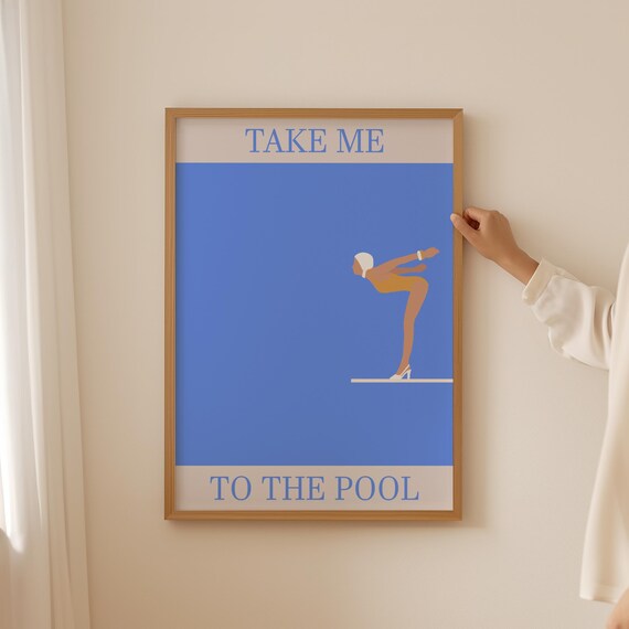 Take Me To The Pool Print Retro Girl Diving In Water Bright Blue Swimming Pool Wall Art Cute Girl Summer Poster Art
