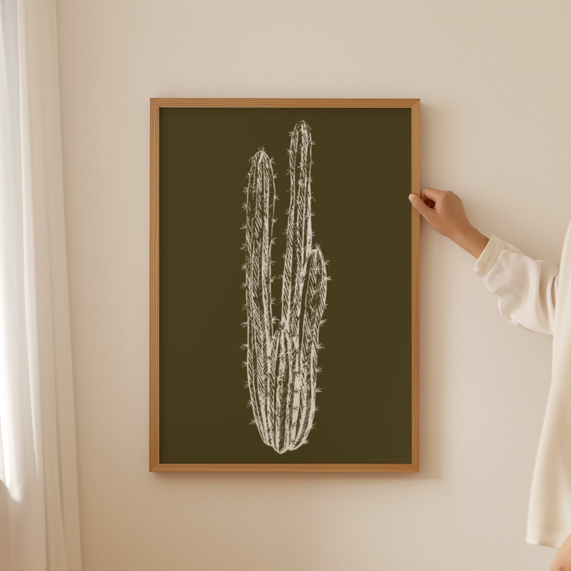 Cactus Line Art Dark Olive Botanical Minimalist Desert Art Poster