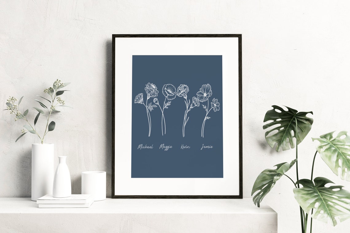 Navy Blue Line Art Birth Flowers Personalized Couples Names Art Poster - Image 4
