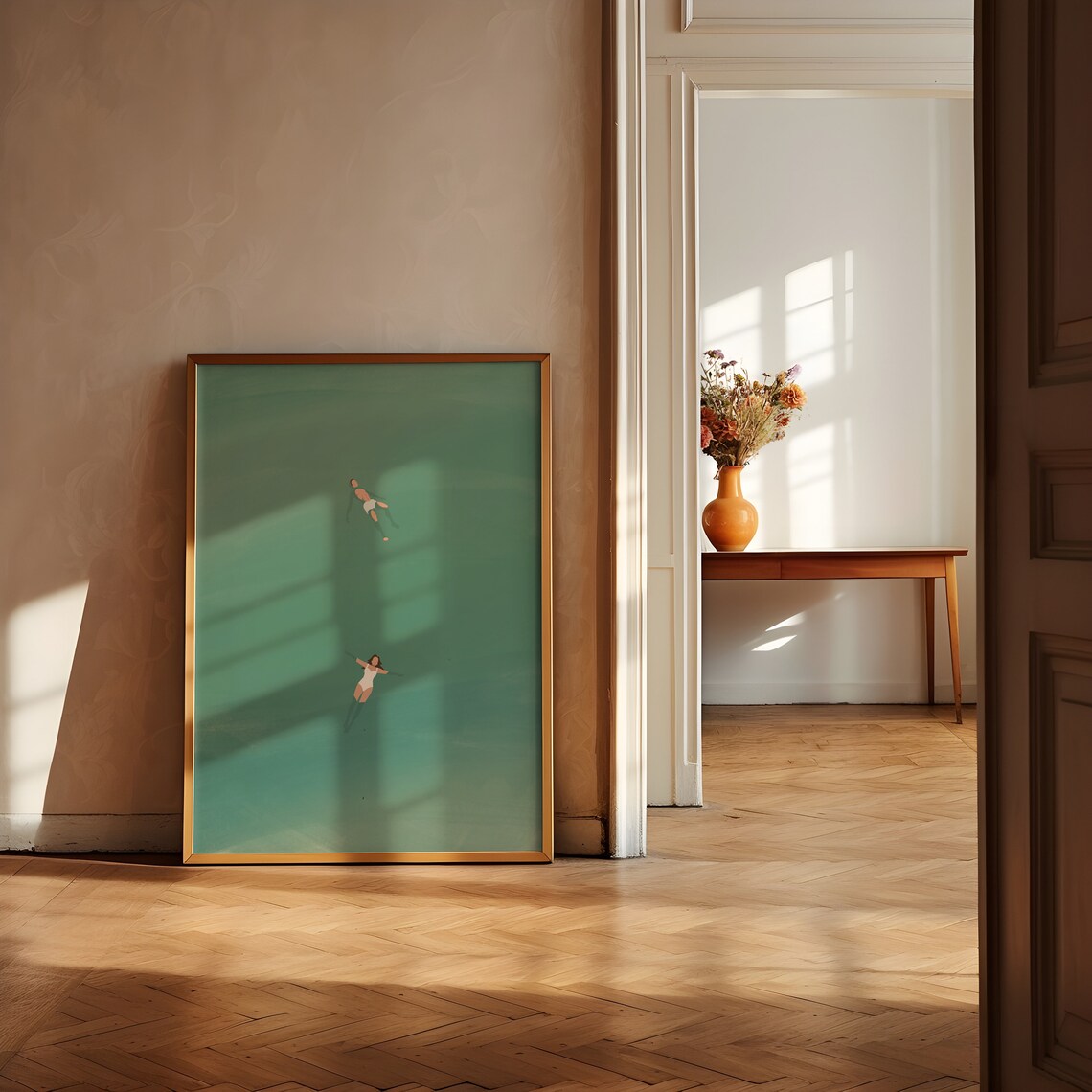 Man And Woman Floating In Pool Minimalist Art Print - Image 3