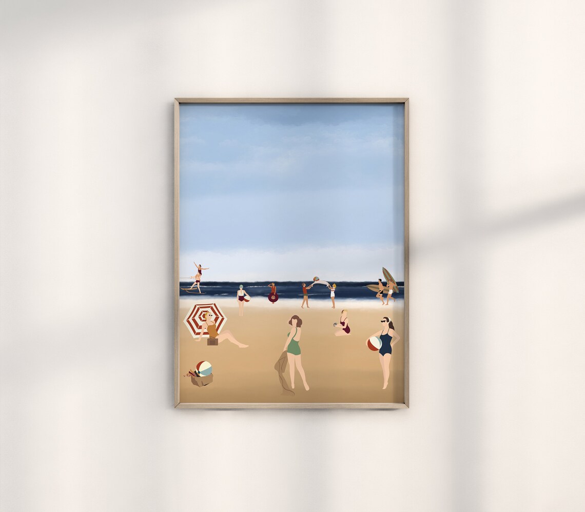 Vintage Beach Day Retro Coastal People Summer Scene Art Poster - Image 2