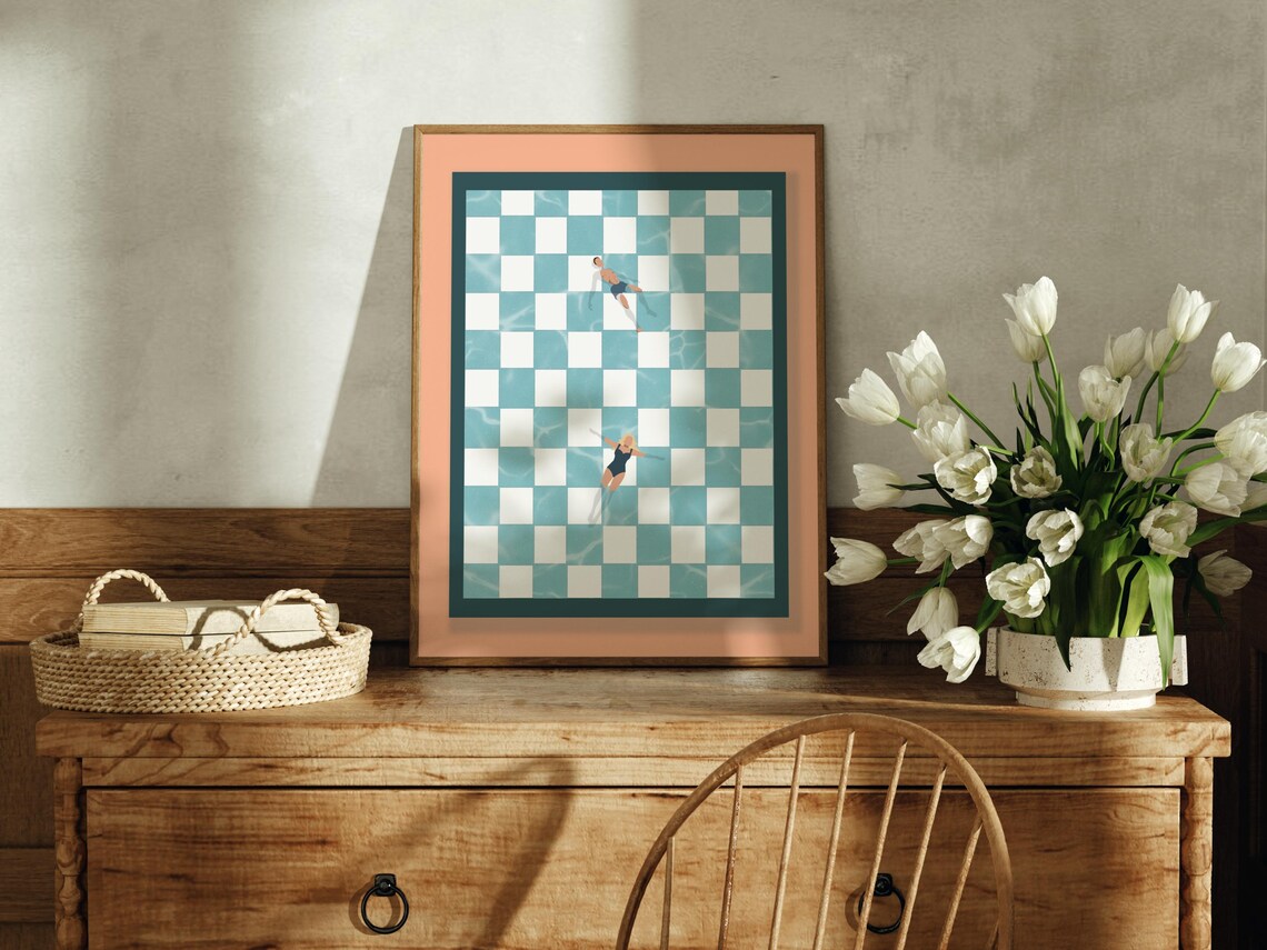 Retro Checkerboard Pool Summer Art Print - Image 3