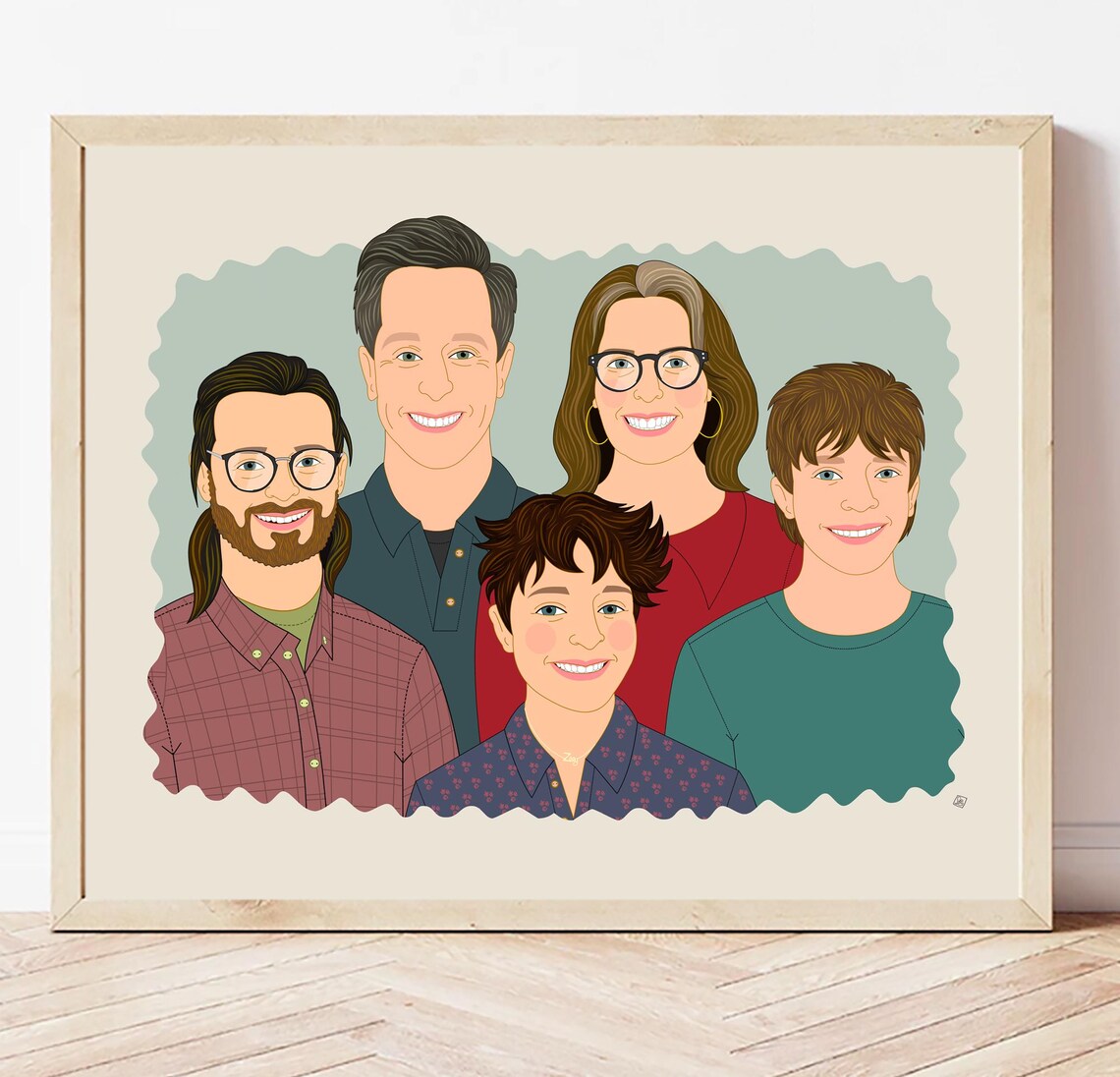 Family of Four With Two Dogs Scalloped Edge Custom Portrait Poster - Image 4