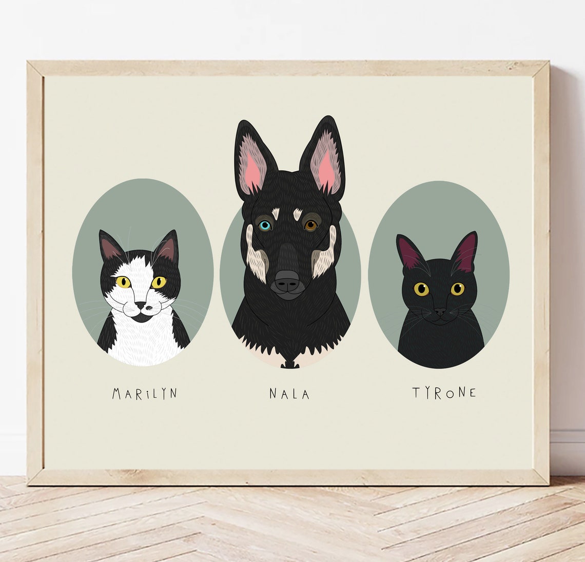 Personalized Three Pet Portrait in Oval Frames Custom Dog Cat Poster - Image 2