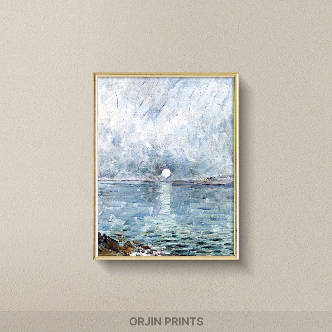 Moonlit Seascape Pale Blue Waves Vintage Painting Style Wall Art