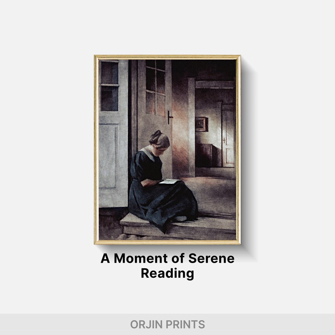 Woman Reading Book on Doorstep Quiet Interior Oil Painting Poster - Image 2