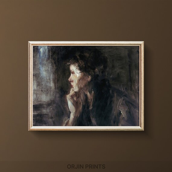 Contemplative Young Woman Dark Moody Oil Portrait Vintage Art Poster