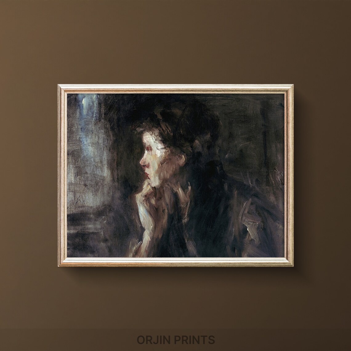 Contemplative Young Woman Dark Moody Oil Portrait Vintage Art Poster