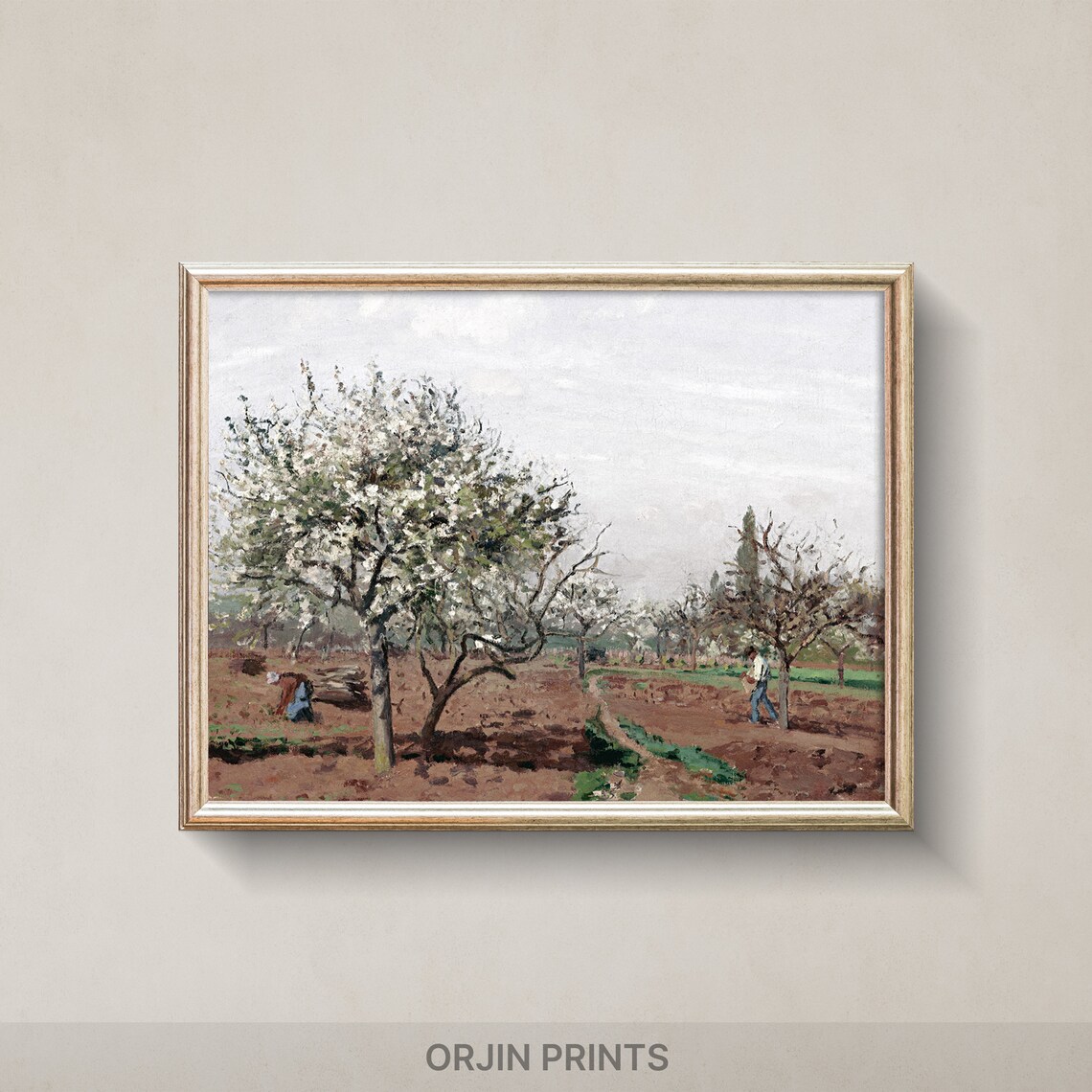 Spring Orchard Blossom Workers Tilling Soil Impressionist Vintage Art Poster