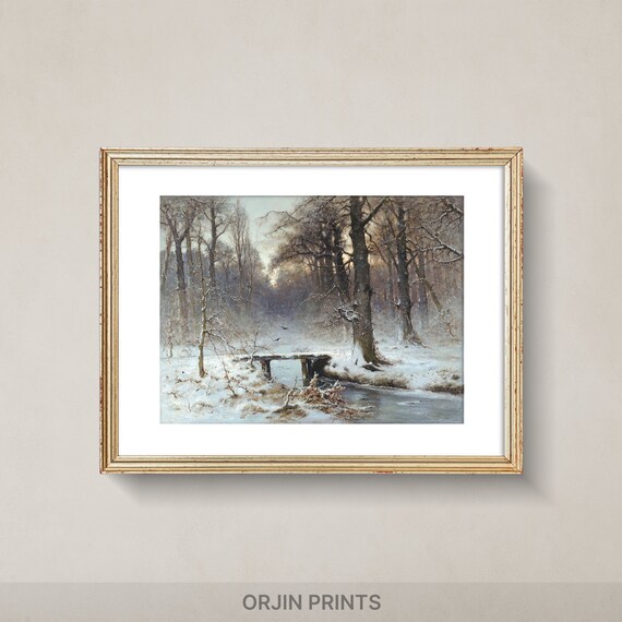 Snowy Forest Stream with Footbridge Winter Woodland Landscape Painting Poster