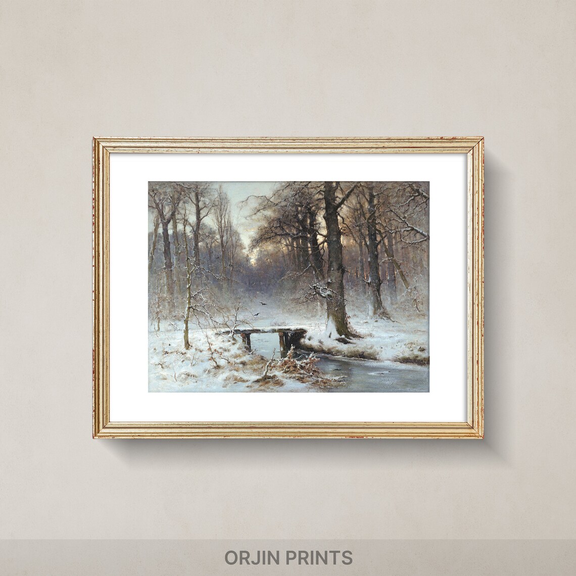 Snowy Forest Stream with Footbridge Winter Woodland Landscape Painting Poster