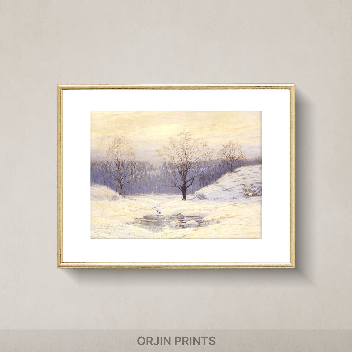 Winter Sunrise Over Frozen Stream Snowy Trees Dawn Light Poster