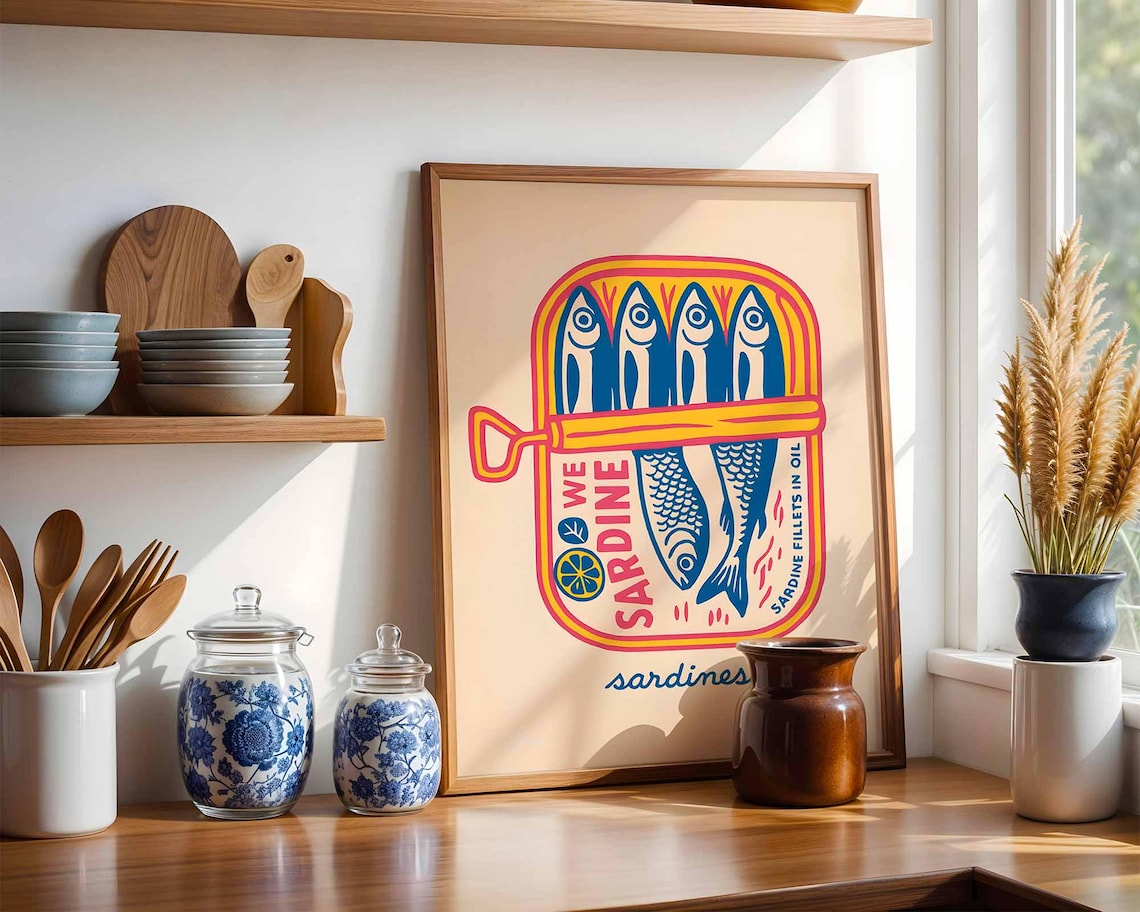 Tinned Sardines Retro Food Poster, Vintage Eclectic