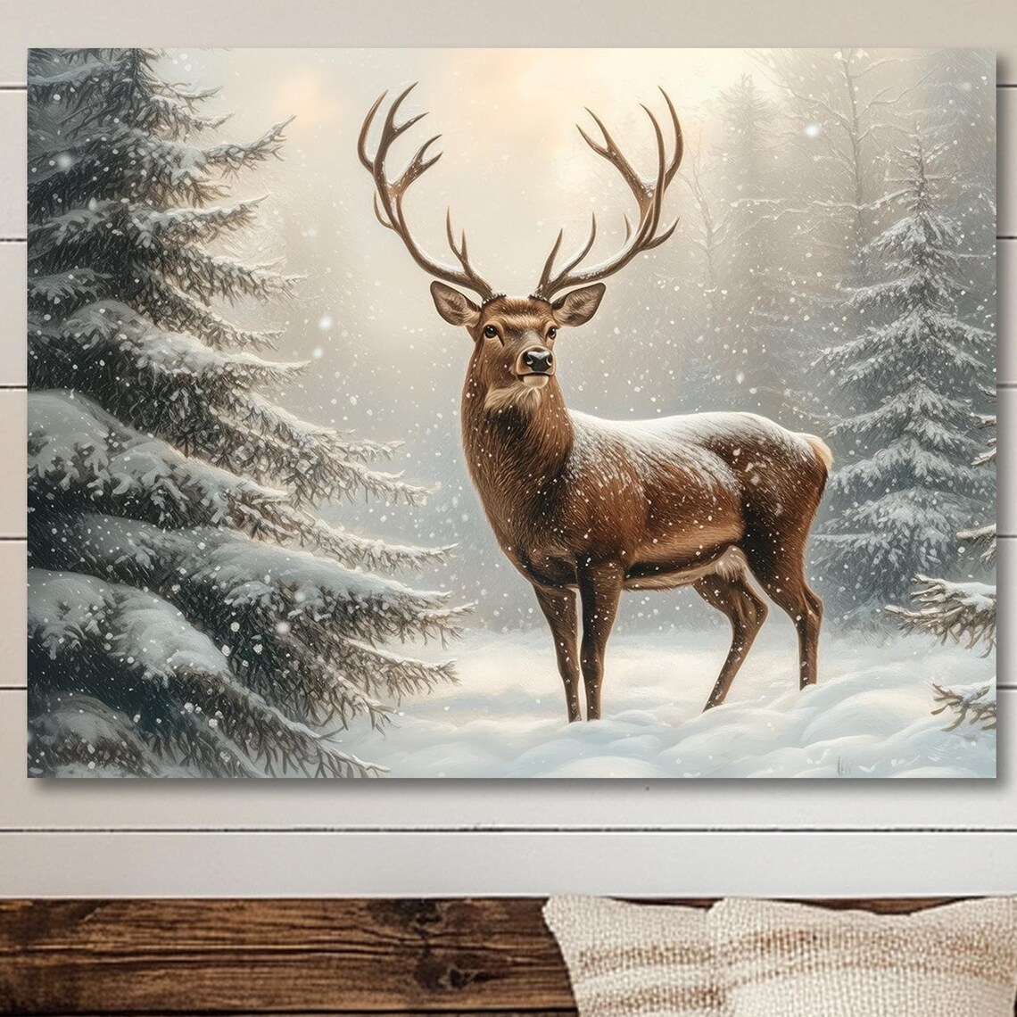 Snowy Forest Deer Christmas Art Print, Rustic Holiday - Image 4