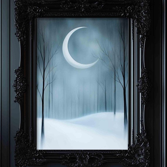 Winter Moonlit Forest, Minimalist Landscape Art Print