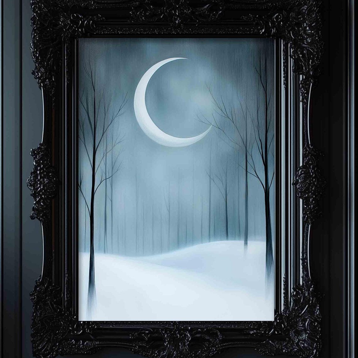 Winter Moonlit Forest, Minimalist Landscape Art Print