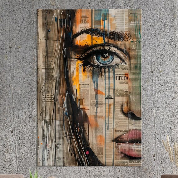 Abstract Woman Face Newspaper Collage Street Art Blue Eye Wall Art Poster