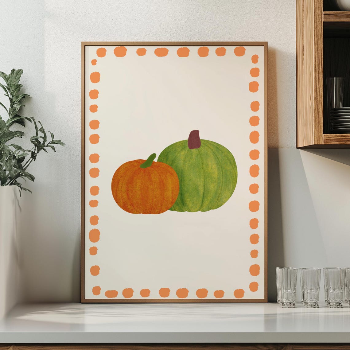 Minimalist Pumpkins Dotted Border Cozy Fall Kitchen Art Poster