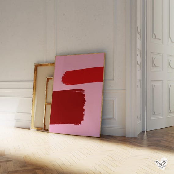 Abstract Print Pink And Burgundy Red Brush Strokes Minimalist Peaceful Art For Bedroom Above Bed Living Room Hand Drawn Colorful