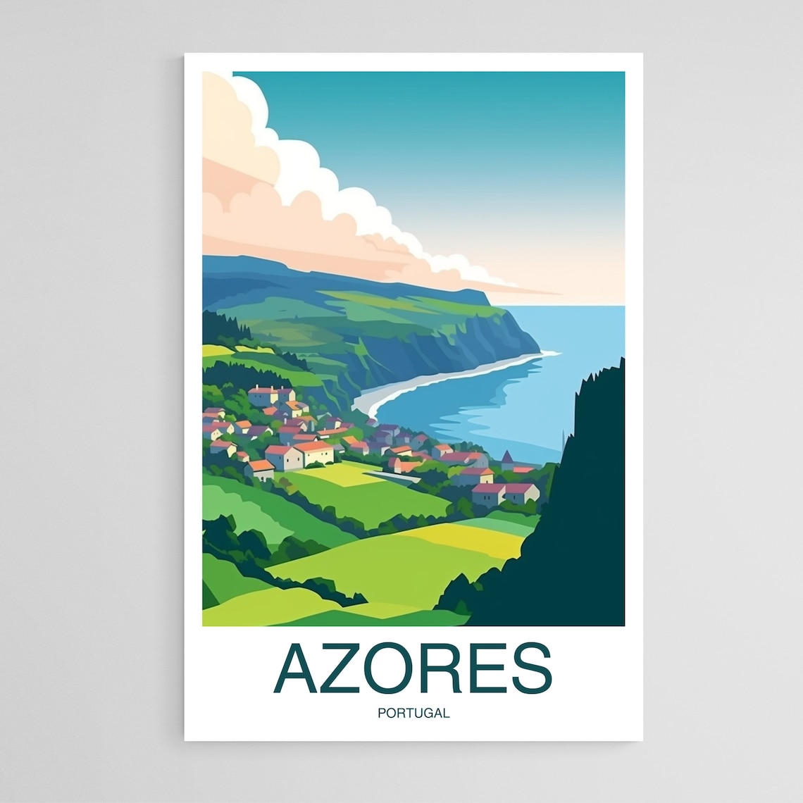 Azores Portugal Coastal Cliffs Seaside Village Travel Art Poster