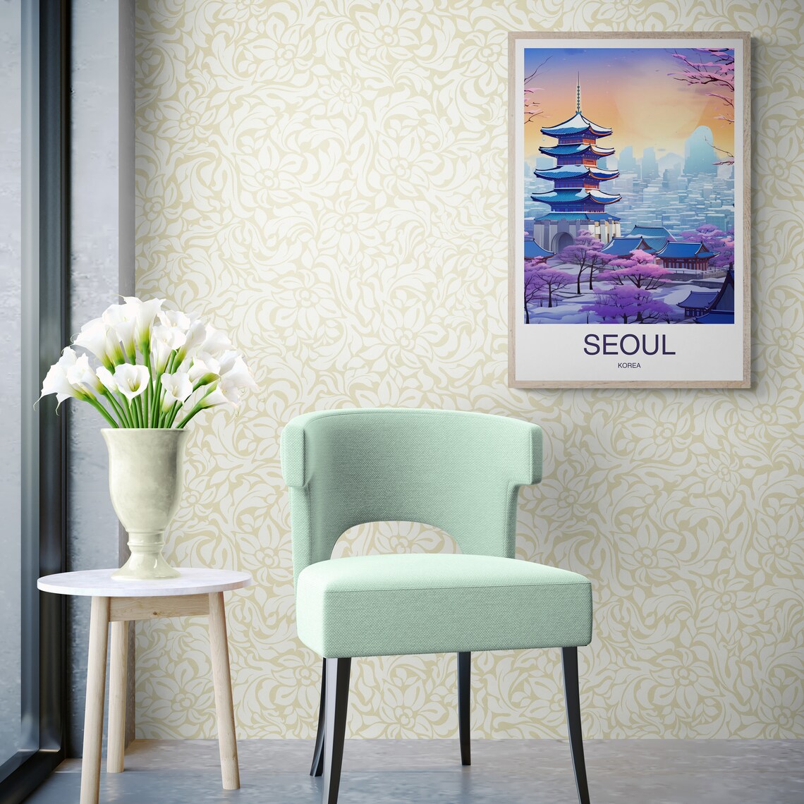 Seoul Korea Pagoda Cherry Blossom Golden Sunset Travel Art Poster - Image 2