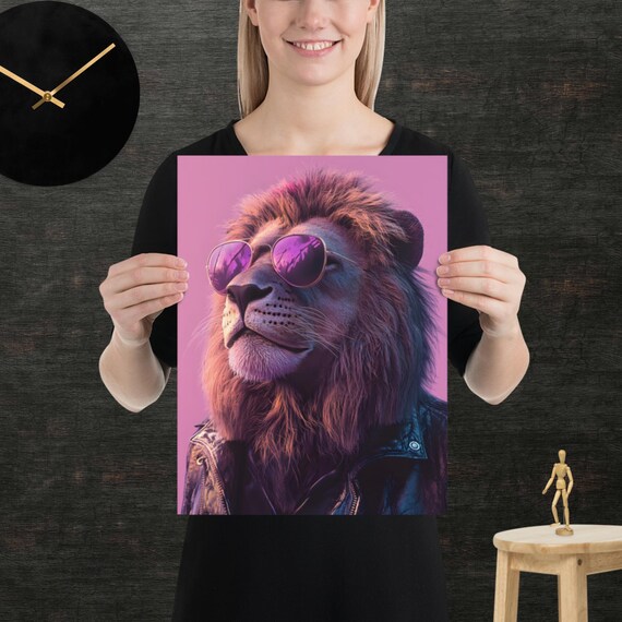 Lion 80s Style Retro Poster Eighties Wall Art Living Room Funny Decor