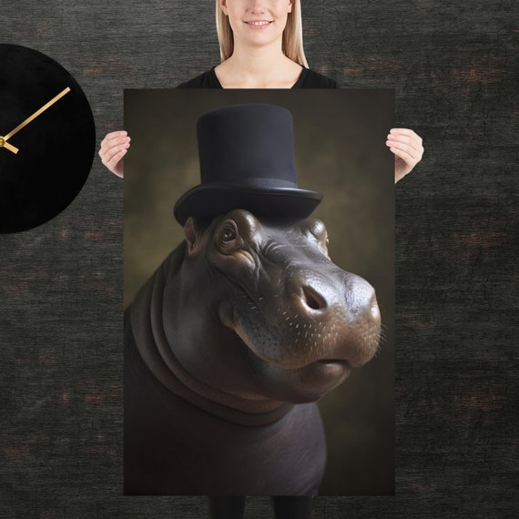 Tophat Hippo Cute Animal Poster Fancy Portrait Unique Art