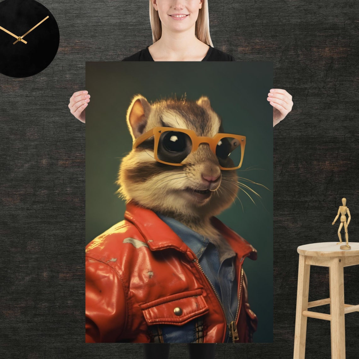 Chipmunk Wearing Amber Glasses Red Leather Jacket 80s Poster