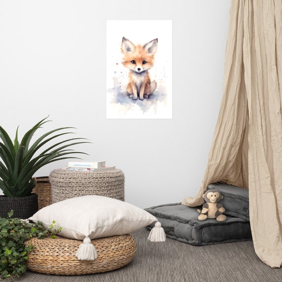 Cute Fox Poster Baby Art Nursery Watercolor Adorable Animal Childrens Room Wall