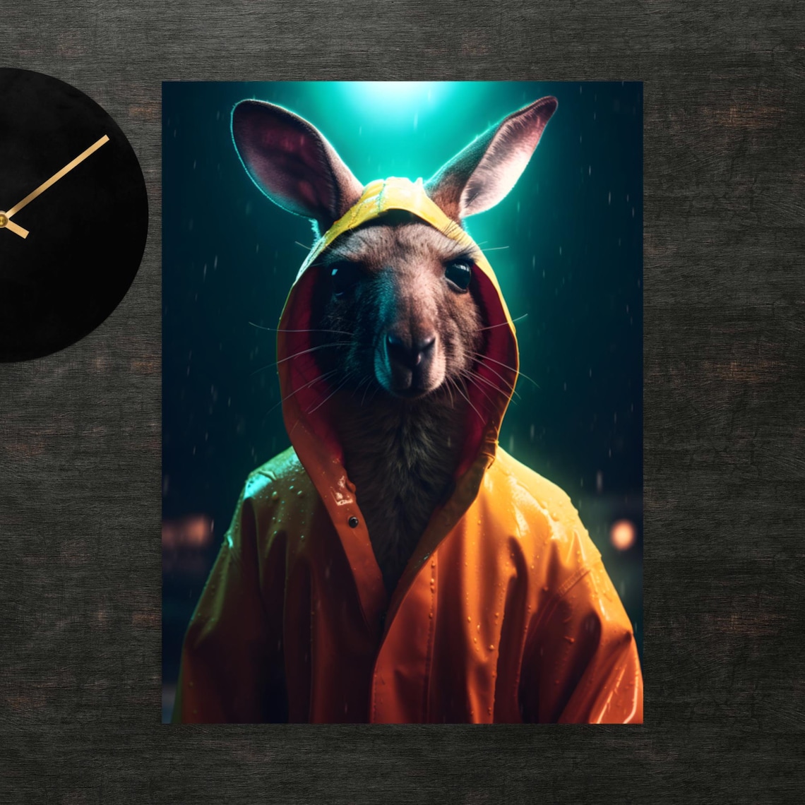 Kangaroo in Orange Raincoat Funny Animal Rainy Day Portrait Poster