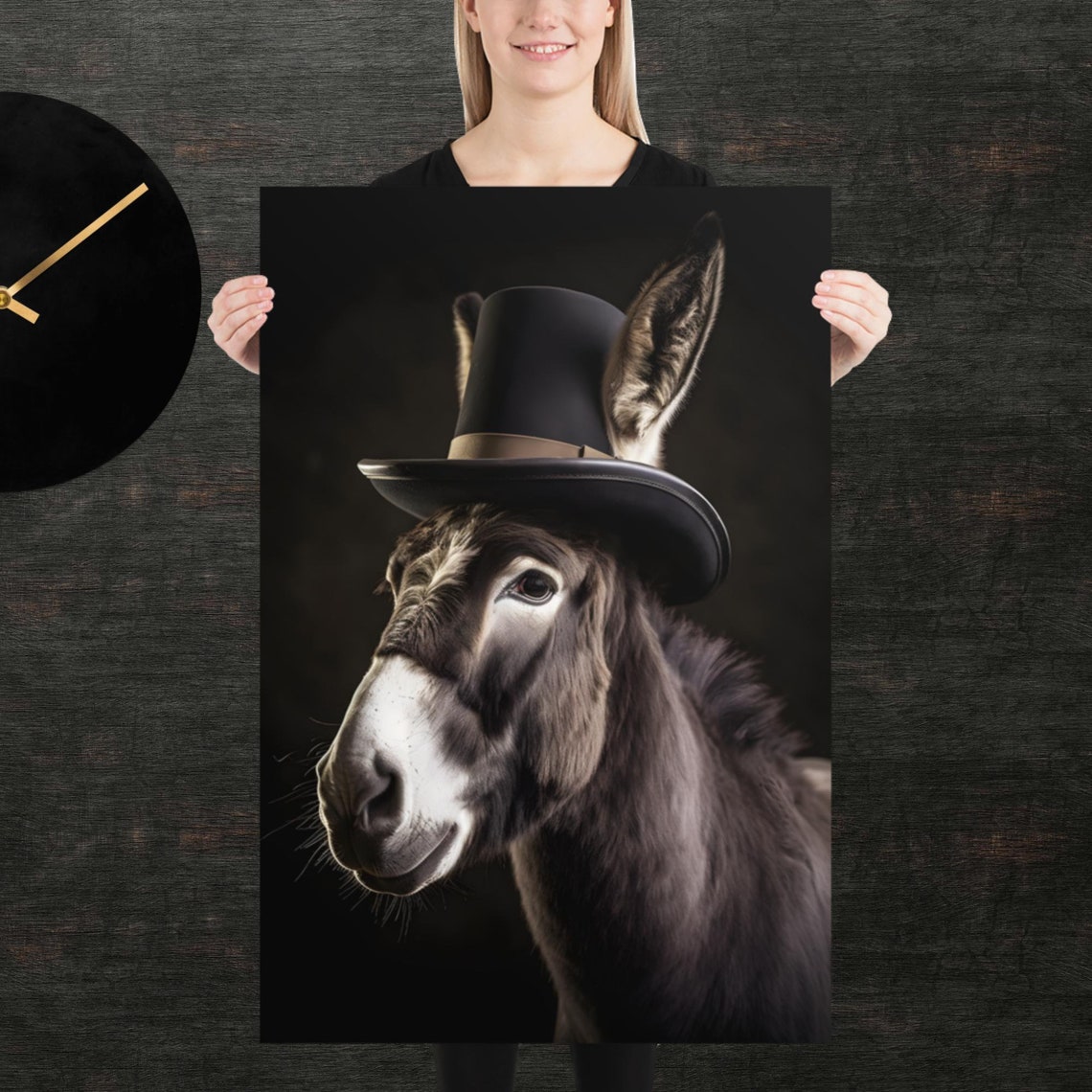 Donkey Wearing Top Hat Formal Portrait Black Background Wall Poster