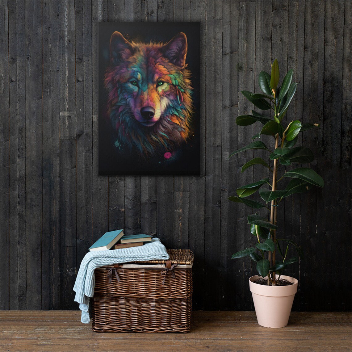 Colorful Wolf Portrait Fierce Green Eyes Vibrant Wildlife Art Poster