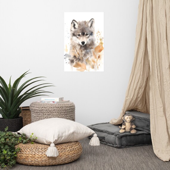 Adorable Baby Wolf Pup Watercolor Painting Nursery Decor Poster