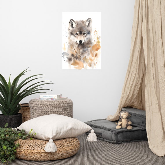 Cute Wolf Poster Baby Art Nursery Watercolor Adorable Animal Childrens Room Wall