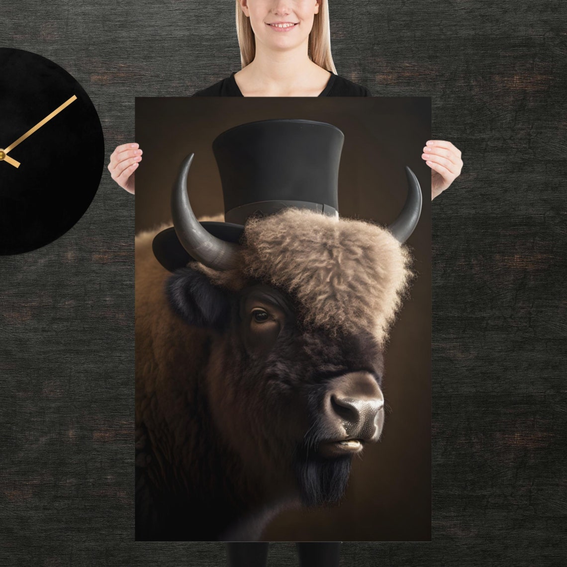Tophat Bison Cute Animal Poster Fancy Buffalo Portrait Unique Art