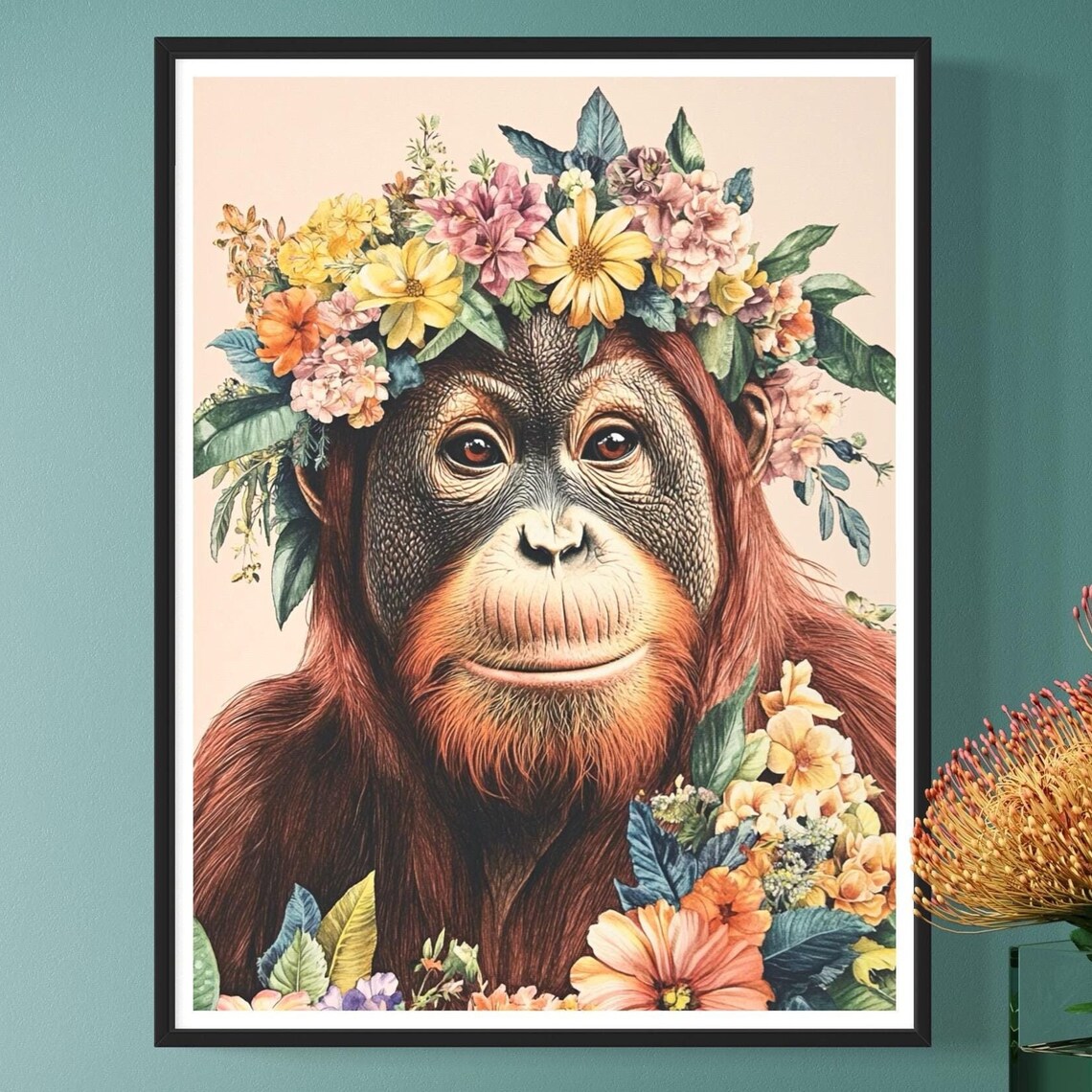 Orangutan Floral Crown, Vintage Wildlife Art Print