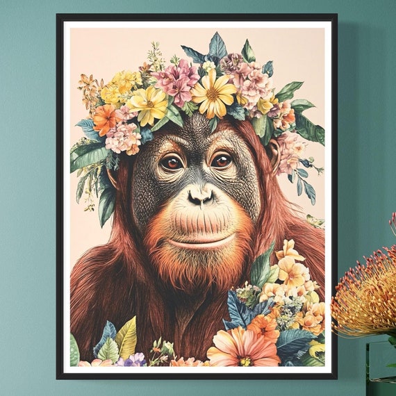 Orangutan Floral Crown, Vintage Wildlife Art Print
