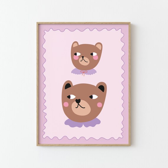 Mama And Baby Bear Faces Pink Lavender Nursery Wall Decor Poster